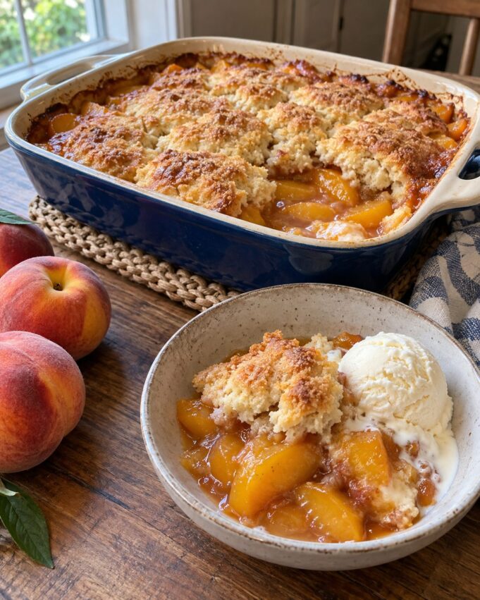 Southern peach cobbler baked with bubbling peaches and golden biscuit topping