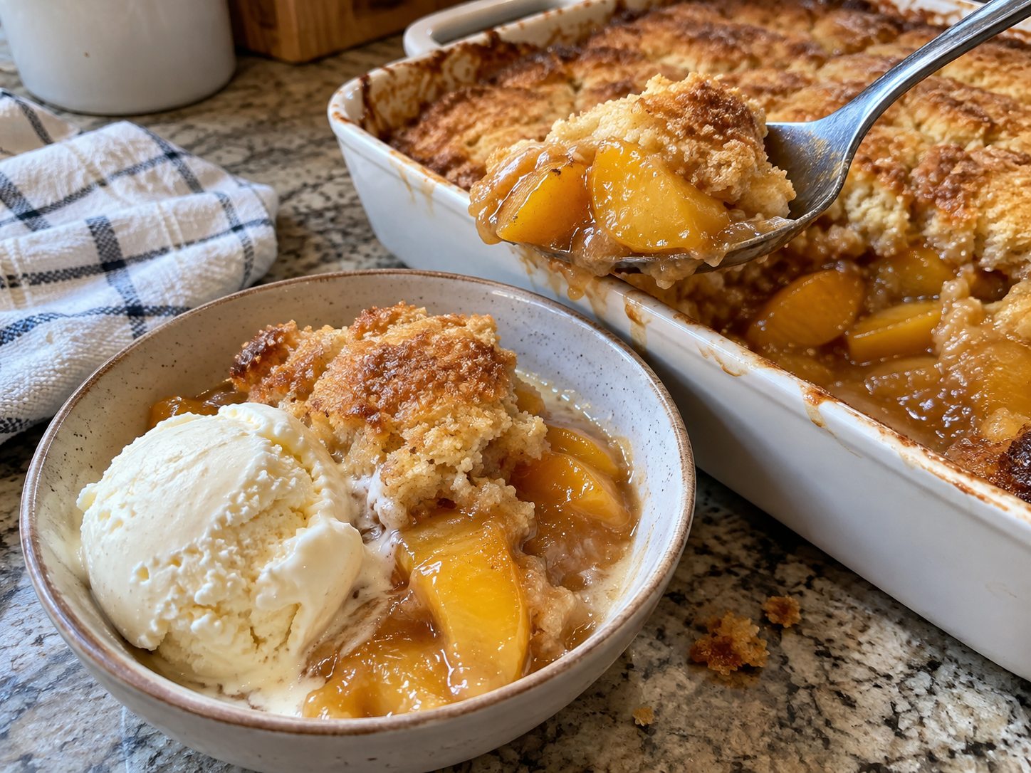 Warm peach cobbler with vanilla ice cream served from a baking dish