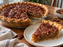 Southern Pecan Pie Recipe (Classic, Gooey & Easy) Southern pecan pie with toasted pecans and amber filling, with a slice on a plate