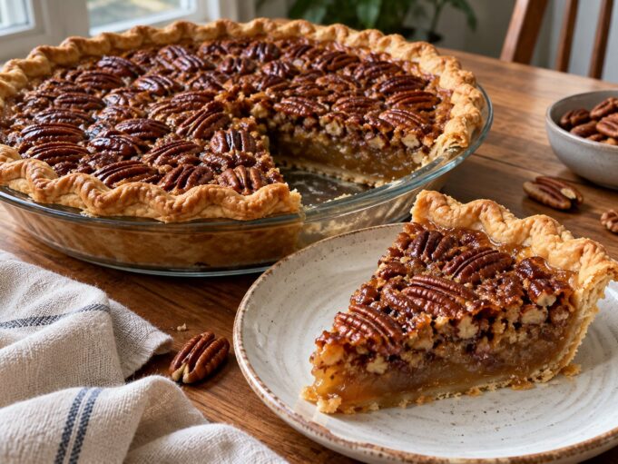 southern-pecan-pie-hero Southern pecan pie with toasted pecans and amber filling, with a slice on a plate