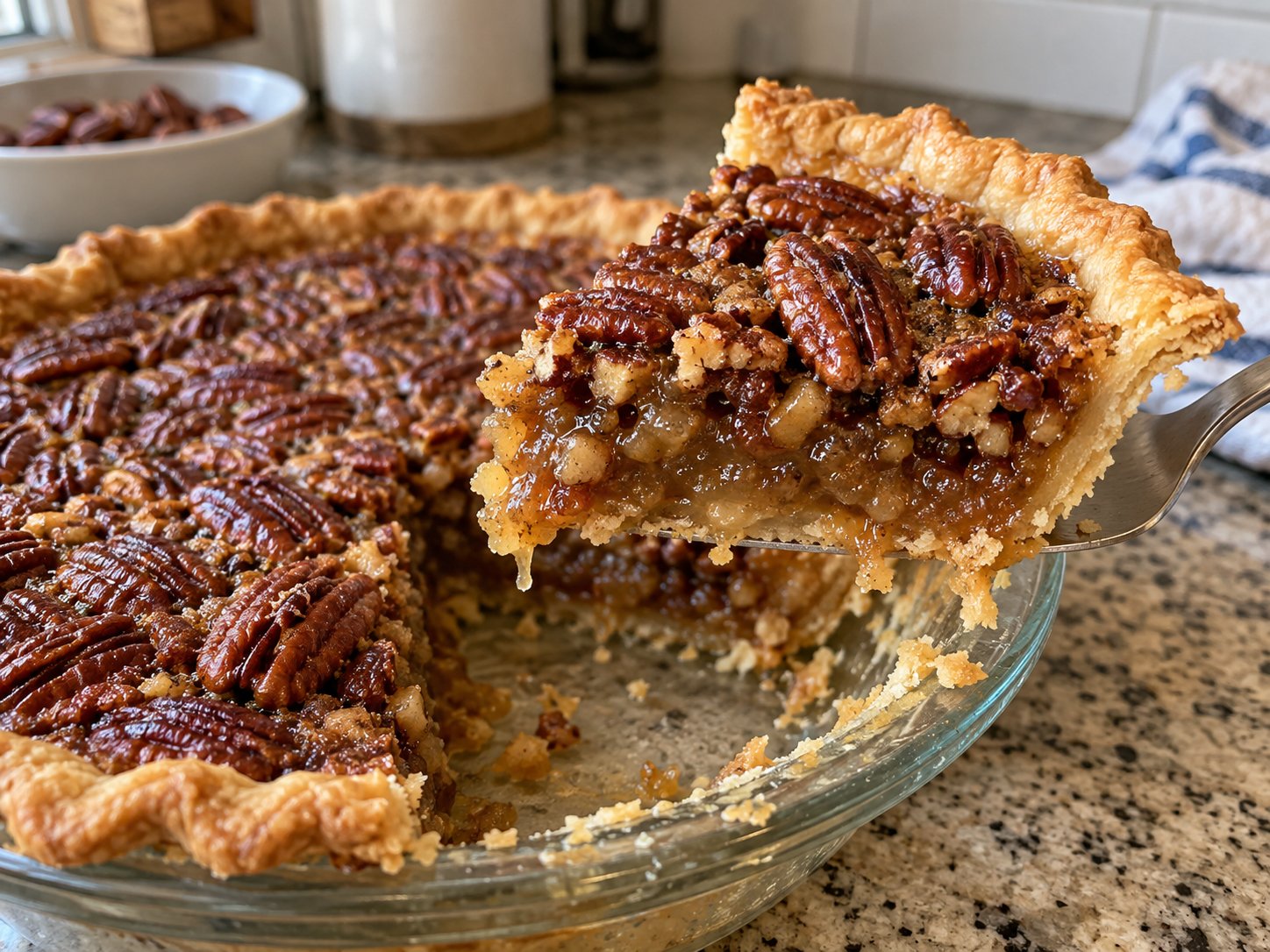 A fork lifting a slice of homemade Southern pecan pie with glossy pecan filling