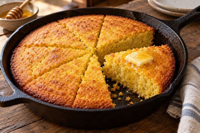Golden Southern skillet cornbread wedges in a cast-iron pan