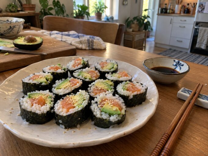 Homemade shrimp sushi rolls with avocado and cucumber