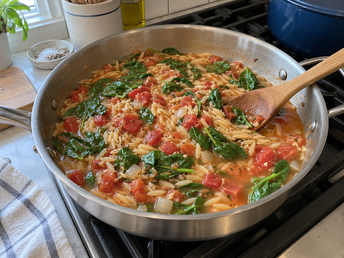 Creamy tomato orzo finished with spinach and Parmesan