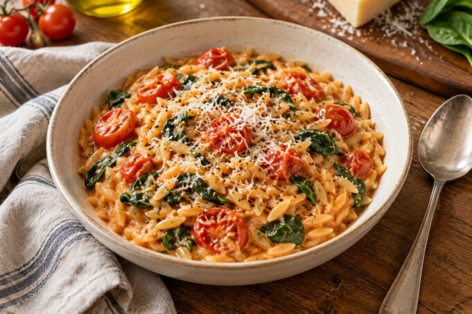 Creamy tomato spinach orzo in a skillet with Parmesan and fresh basil