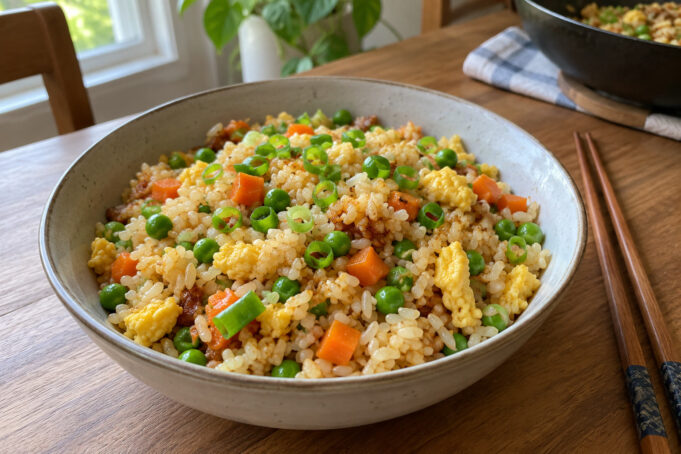 Chinese vegetable fried rice with colorful vegetables and fluffy rice.